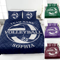 Navy volleyball quilt bedding set displayed on a bed with coordinated sports artwork in multiple colors