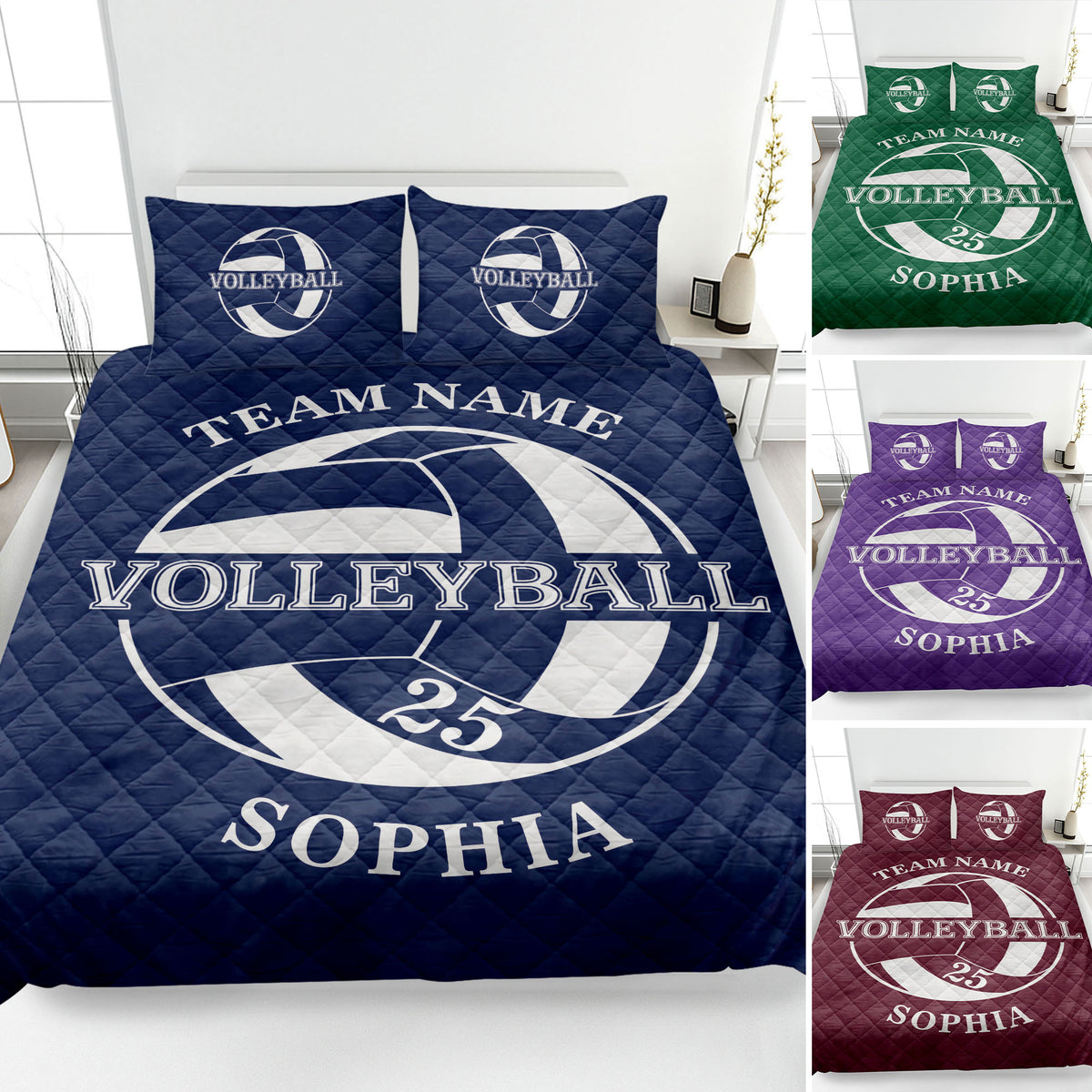 Navy volleyball quilt bedding set displayed on a bed with coordinated sports artwork in multiple colors