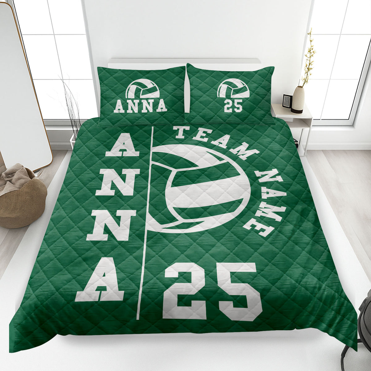 Green volleyball quilt blanket spread across a bedroom with a bold team-inspired ball design