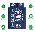 Navy volleyball quilt bedding set shown with soft breathable, washable, and colorfast feature icons