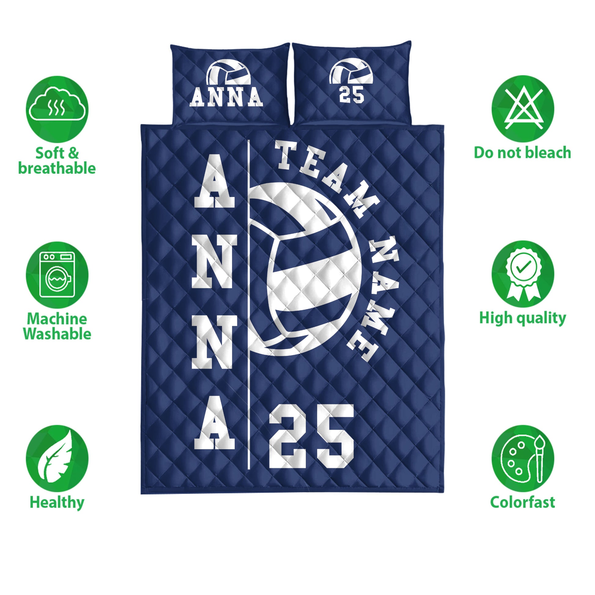 Navy volleyball quilt bedding set shown with soft breathable, washable, and colorfast feature icons