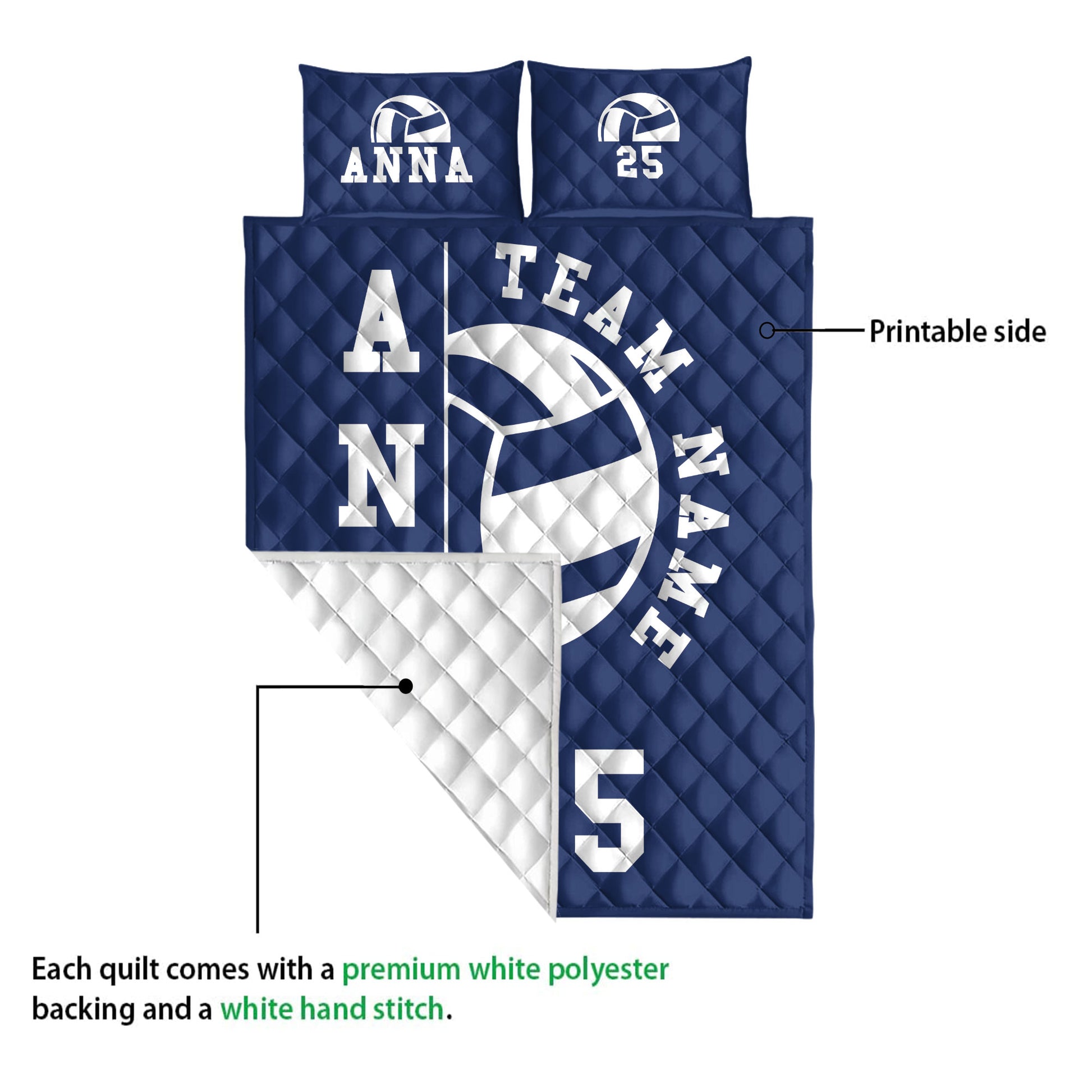 Navy volleyball quilt blanket shown with its printed front and white quilted reverse side