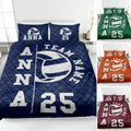 Volleyball quilt blanket bedding set displayed in a bedroom with navy, green, orange, and maroon color options