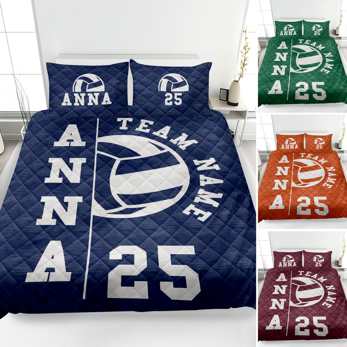 Volleyball quilt blanket bedding set displayed in a bedroom with navy, green, orange, and maroon color options