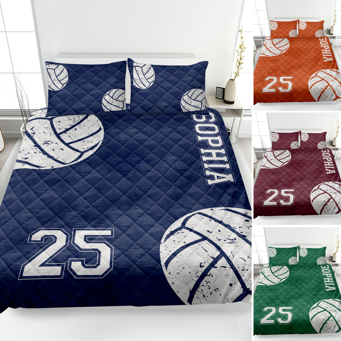 Navy volleyball quilt blanket on a bed with white volleyball graphics and bold sports-style lettering