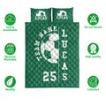 Green soccer quilt bedding set shown with soft, breathable, washable, and colorfast feature icons