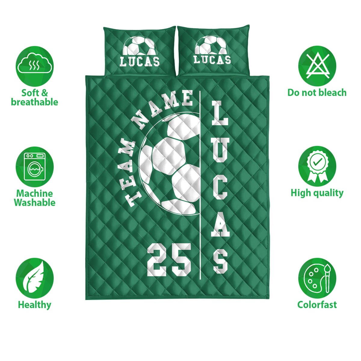 Green soccer quilt bedding set shown with soft, breathable, washable, and colorfast feature icons