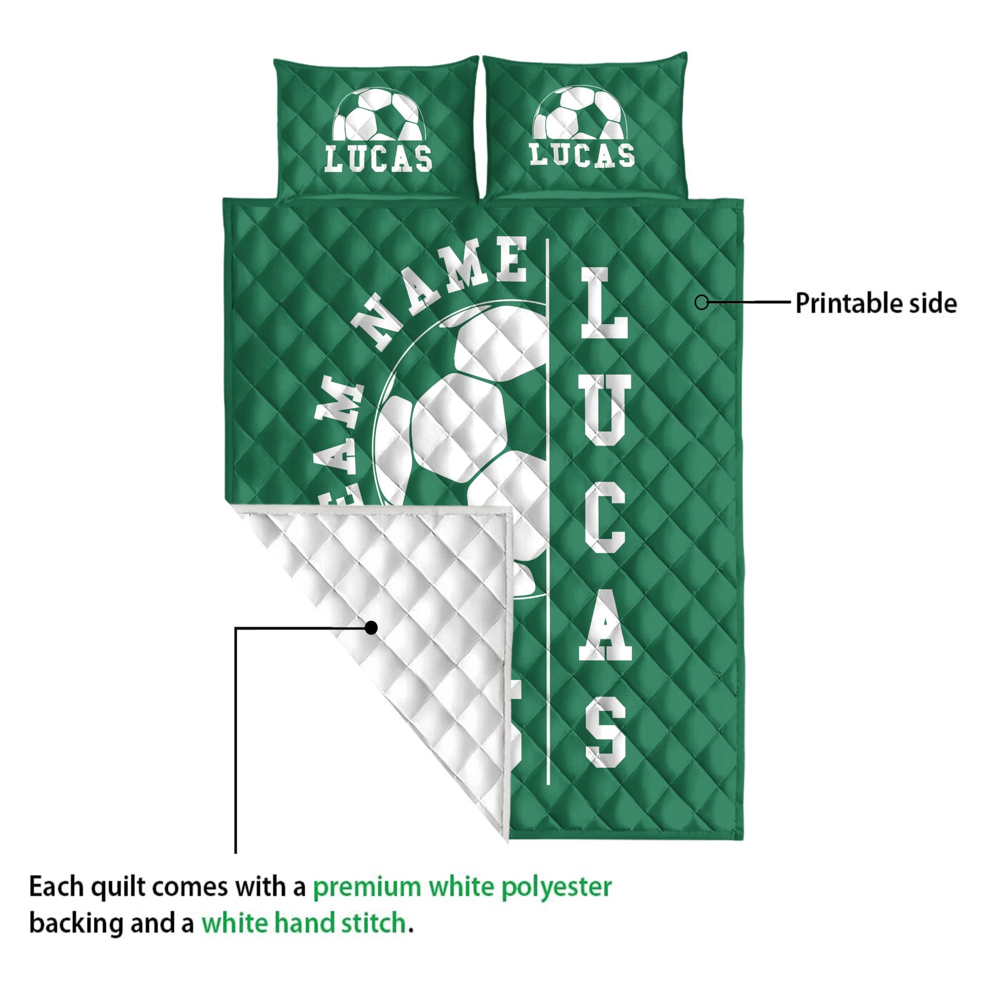 Soccer quilt showing the printed front and white quilted backing in a construction detail view