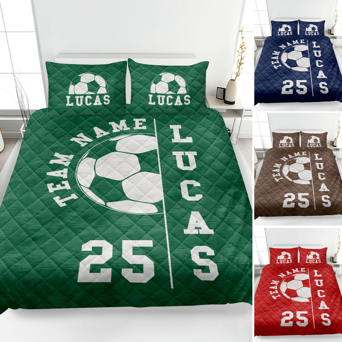 Soccer quilt bedding set displayed in green, navy, brown, and red color options with bold ball artwork