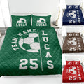 Soccer quilt bedding set displayed in green, navy, brown, and red color options with bold ball artwork