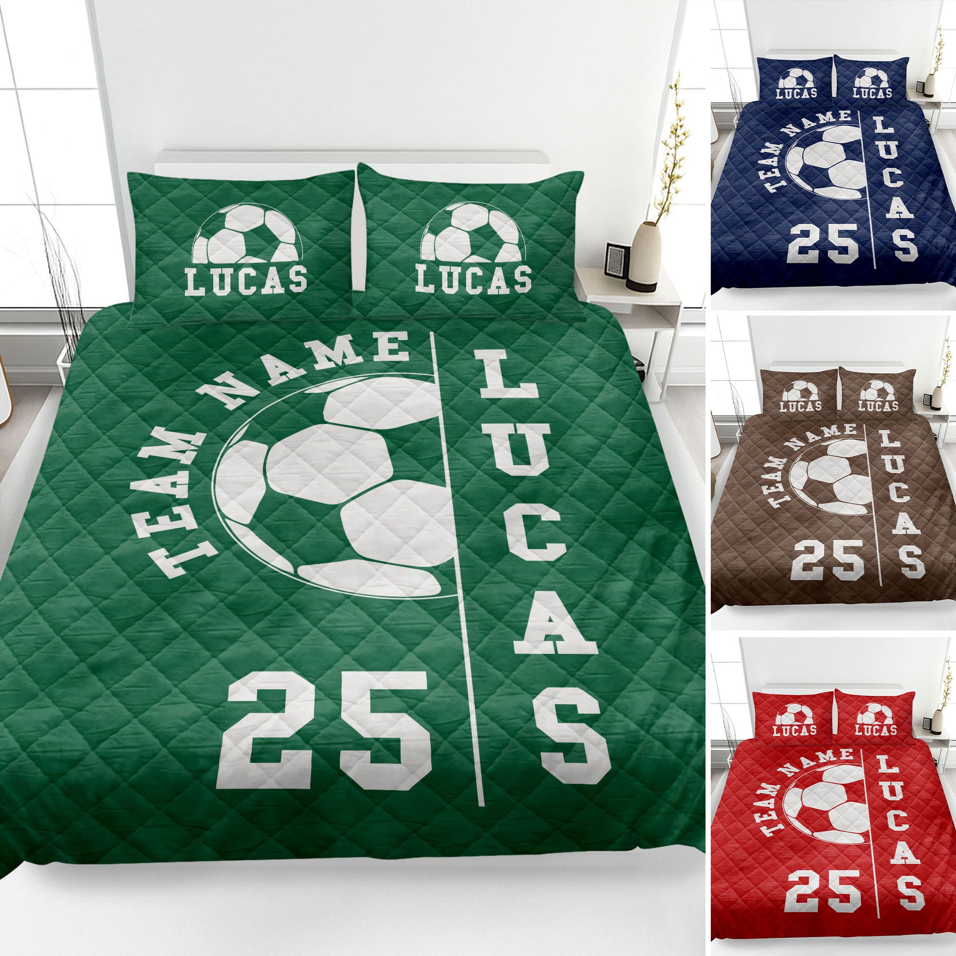 Soccer quilt bedding set displayed in green, navy, brown, and red color options with bold ball artwork
