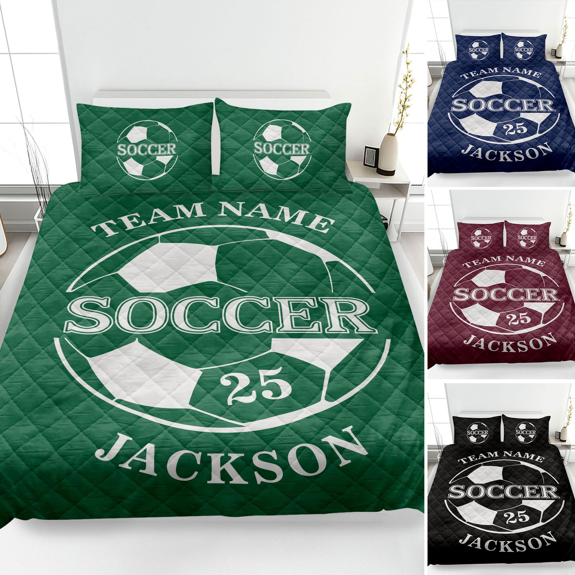 Green soccer quilt blanket displayed on a bed with soccer ball artwork and coordinated sports bedding