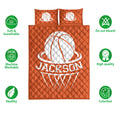 Basketball quilt blanket product presentation with soft breathable and colorfast feature icons