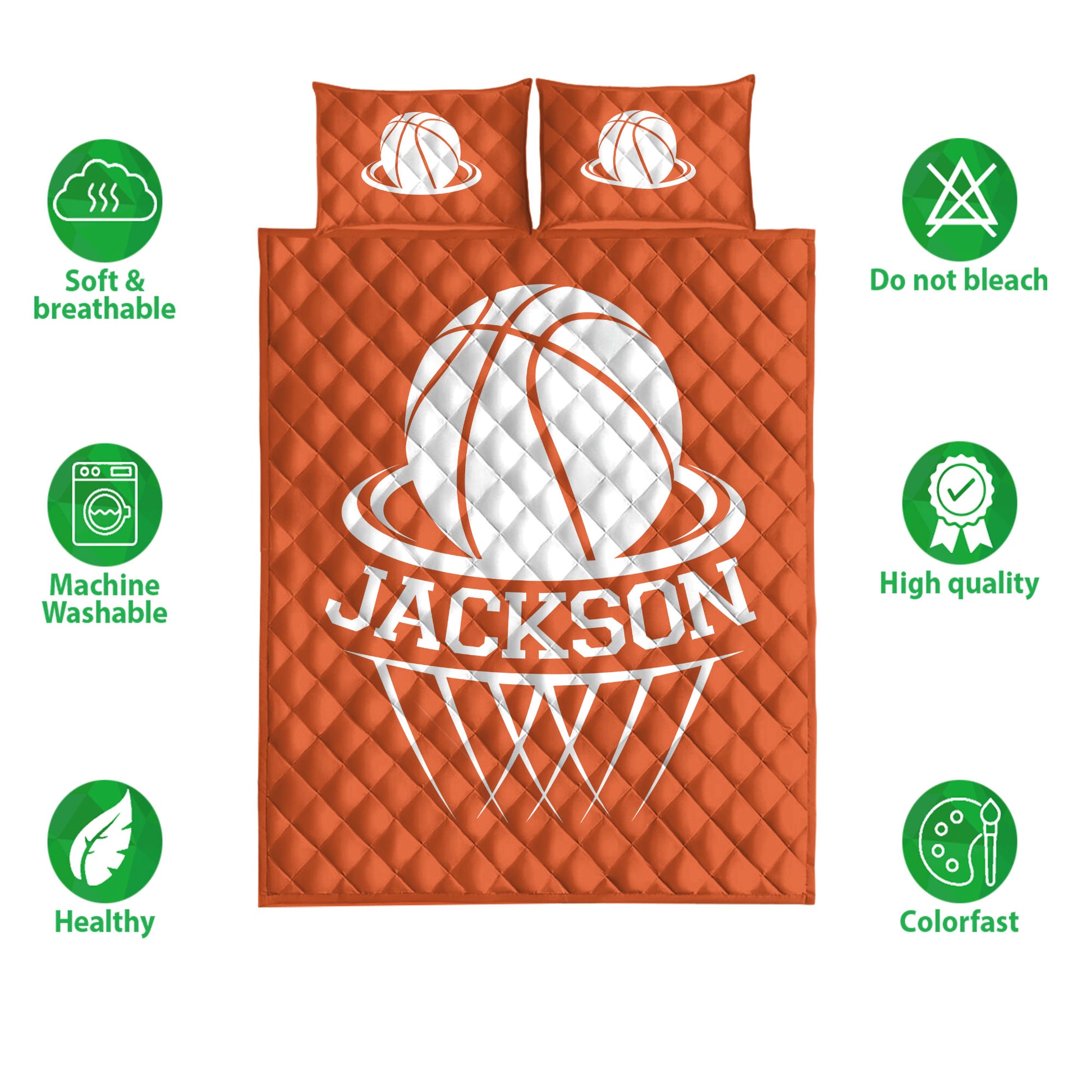 Basketball quilt blanket product presentation with soft breathable and colorfast feature icons