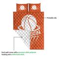 Basketball quilt blanket detail showing the printed front and white quilted backing