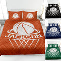 Basketball quilt bedding set displayed in orange with additional black, navy, and green color variations
