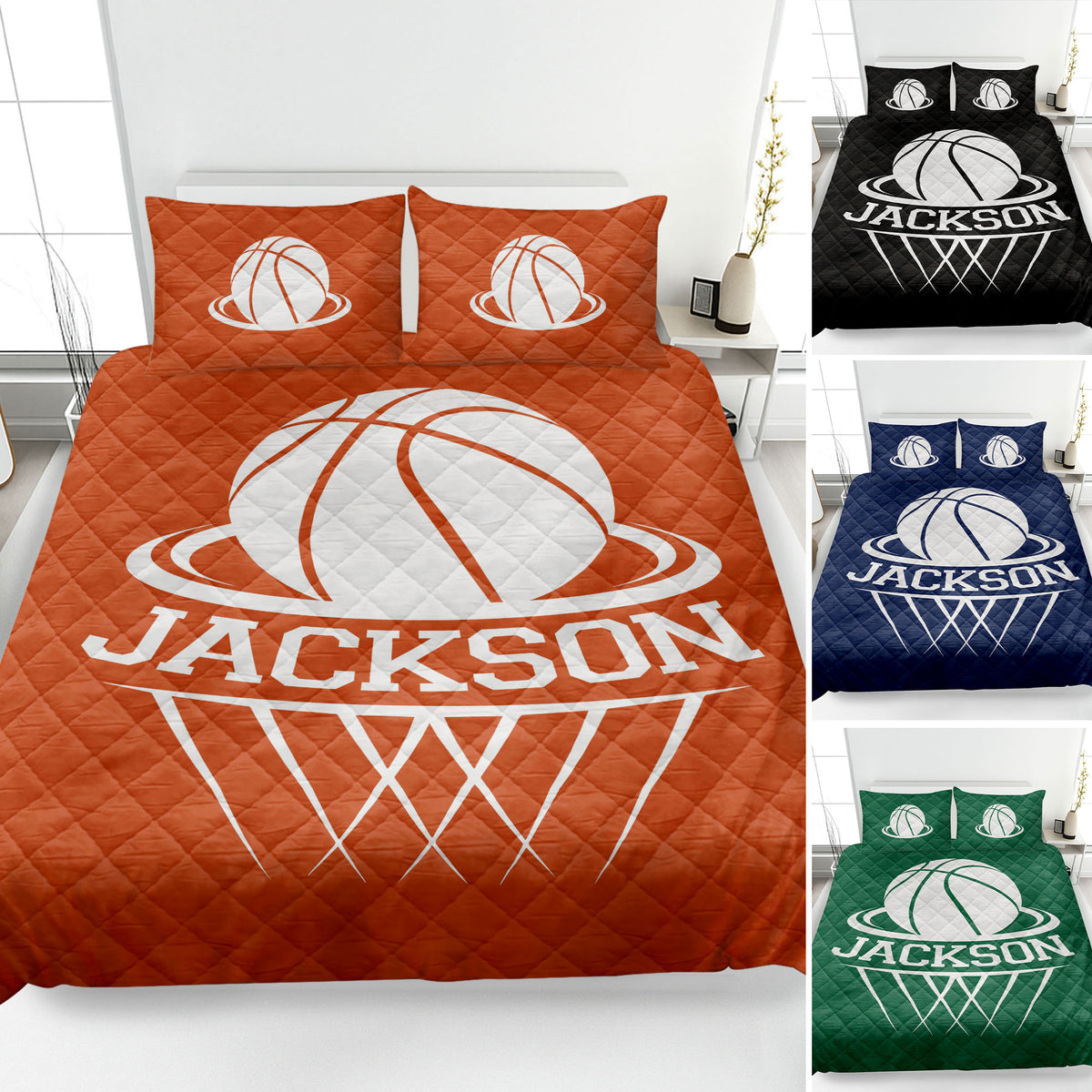 Basketball quilt bedding set displayed in orange with additional black, navy, and green color variations