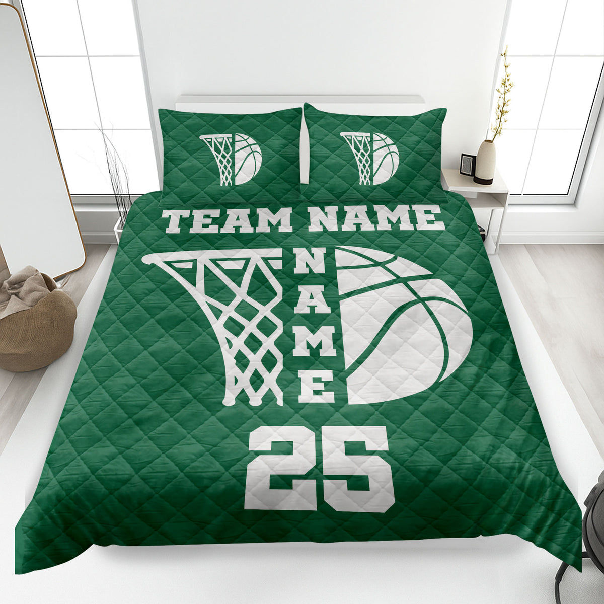 Green basketball quilt blanket on a bed with bold hoop artwork and team-inspired sports styling