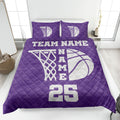 Purple basketball quilt blanket displayed on a bed with bold white basketball and hoop artwork