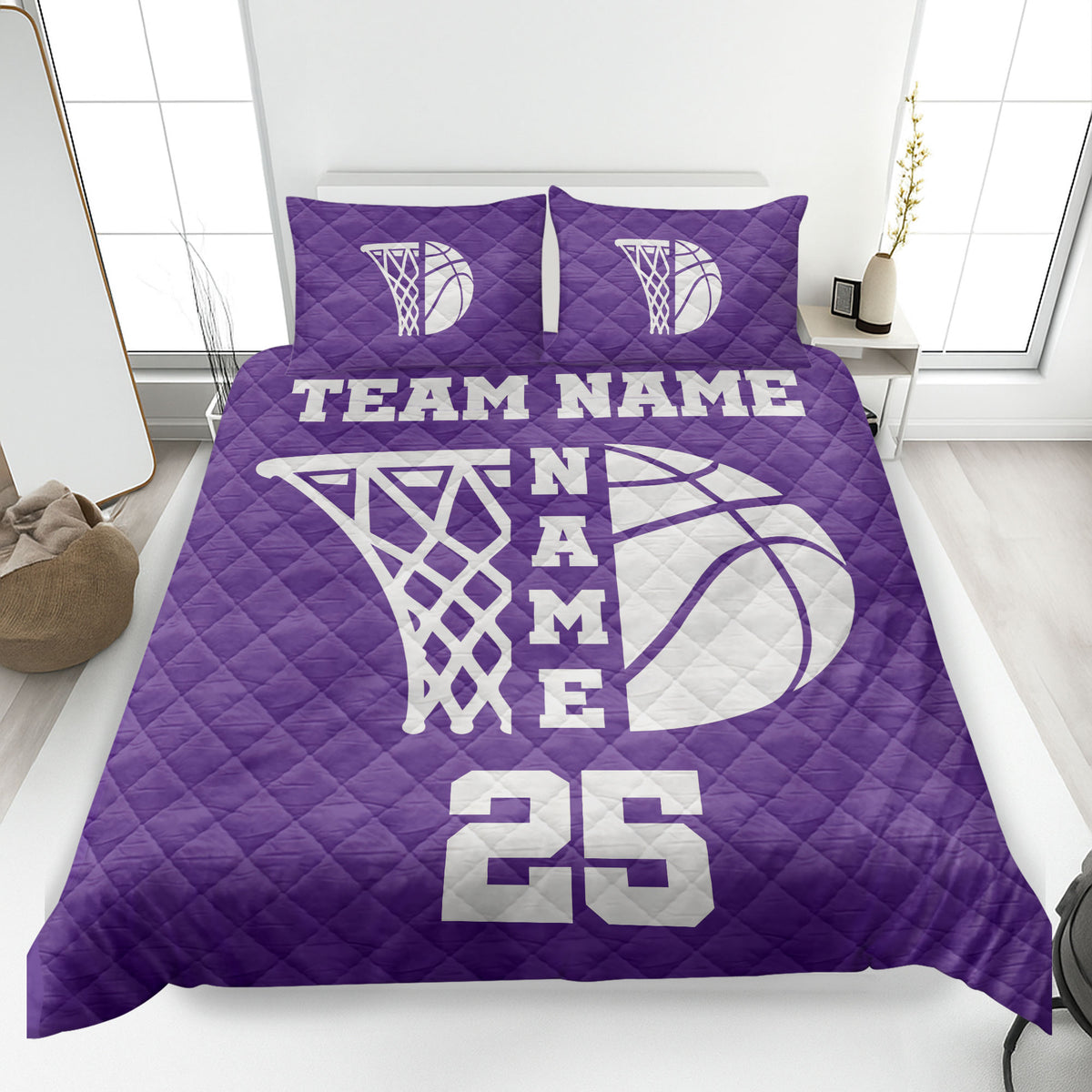 Purple basketball quilt blanket displayed on a bed with bold white basketball and hoop artwork