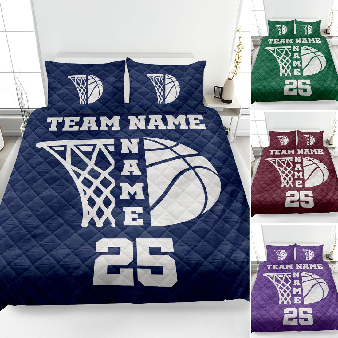 Basketball quilt blanket bedding set displayed in navy with hoop and basketball artwork in multiple colors