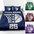Basketball quilt blanket bedding set displayed in navy with hoop and basketball artwork in multiple colors
