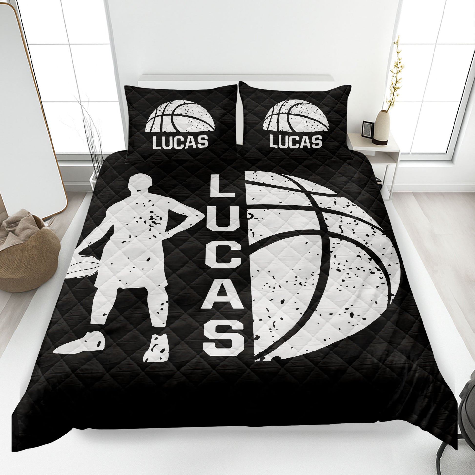 Black basketball quilt blanket displaying a dynamic player silhouette and large white basketball graphic
