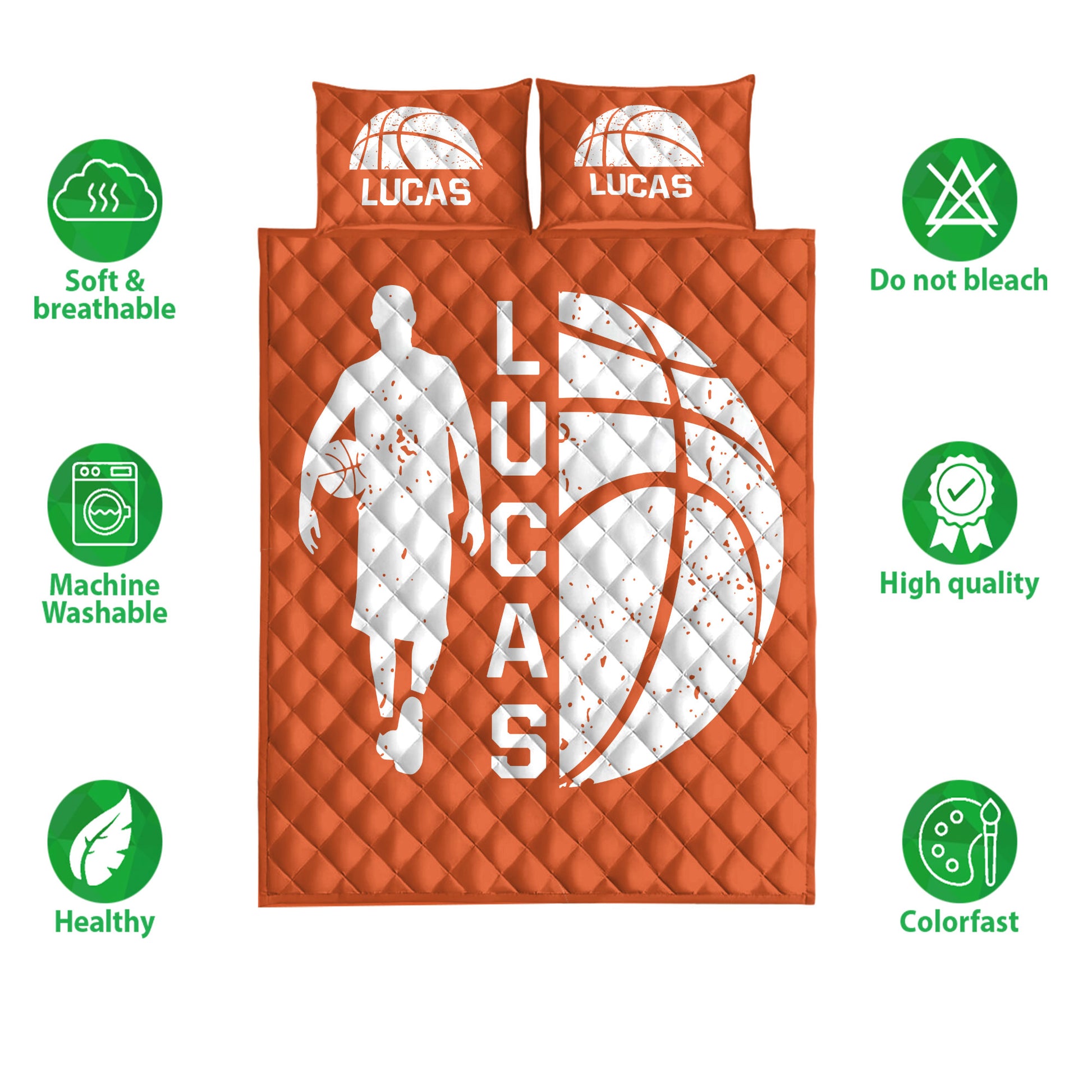 Basketball quilt bedding set shown in orange with sports artwork and icons highlighting visible product features