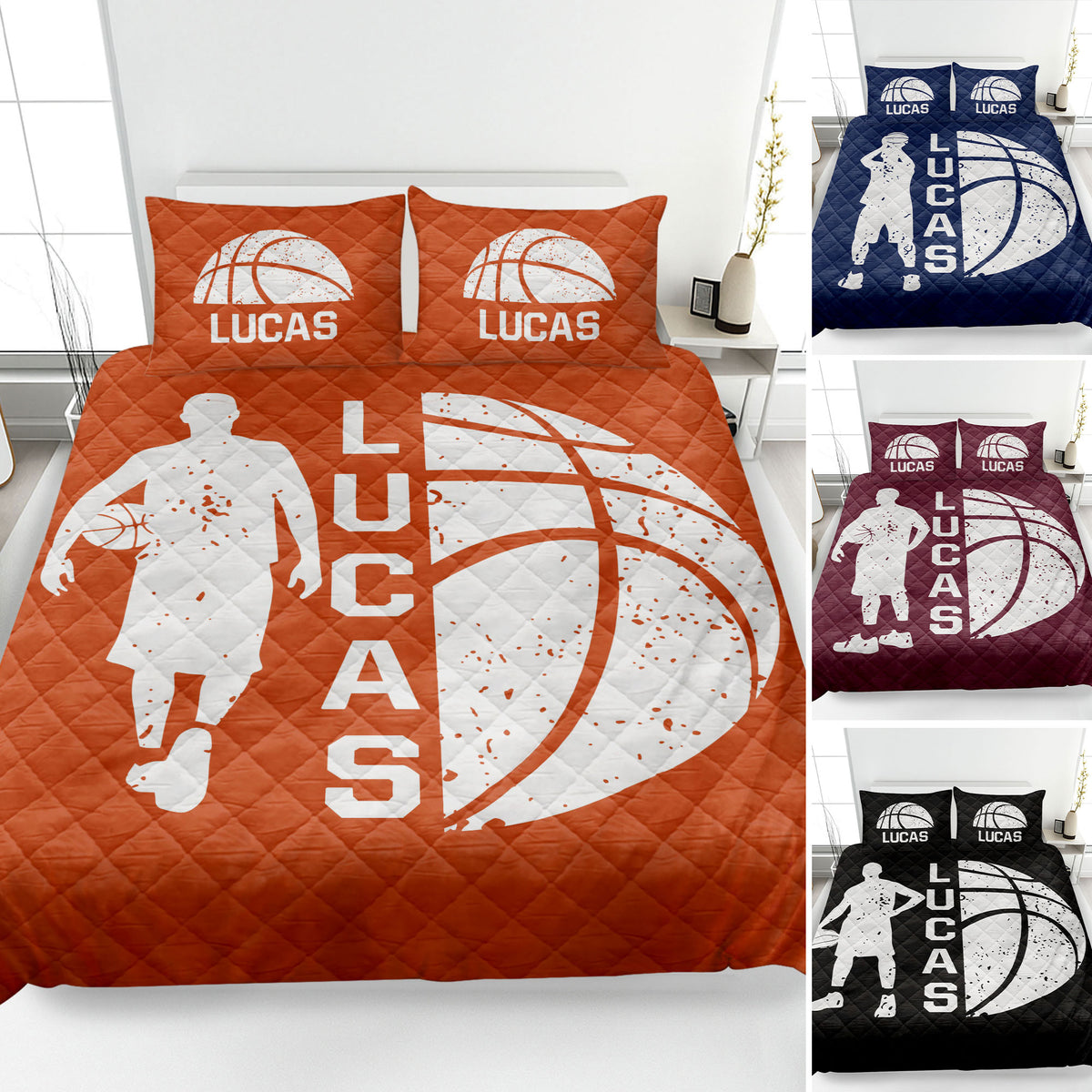 Orange basketball quilt blanket styled on a bed with player silhouette, basketball artwork, and printed pillow designs