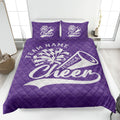 Purple cheerleading quilt blanket featuring bold pom-pom and megaphone sports artwork