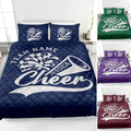 Cheerleading quilt blanket bedding set shown in navy, green, purple, and maroon color options