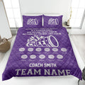 Purple cheerleading quilt blanket styled in a bedroom with bold megaphone and pom-pom graphics