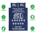 Navy cheerleading quilt bedding set shown with soft breathable and colorfast feature icons