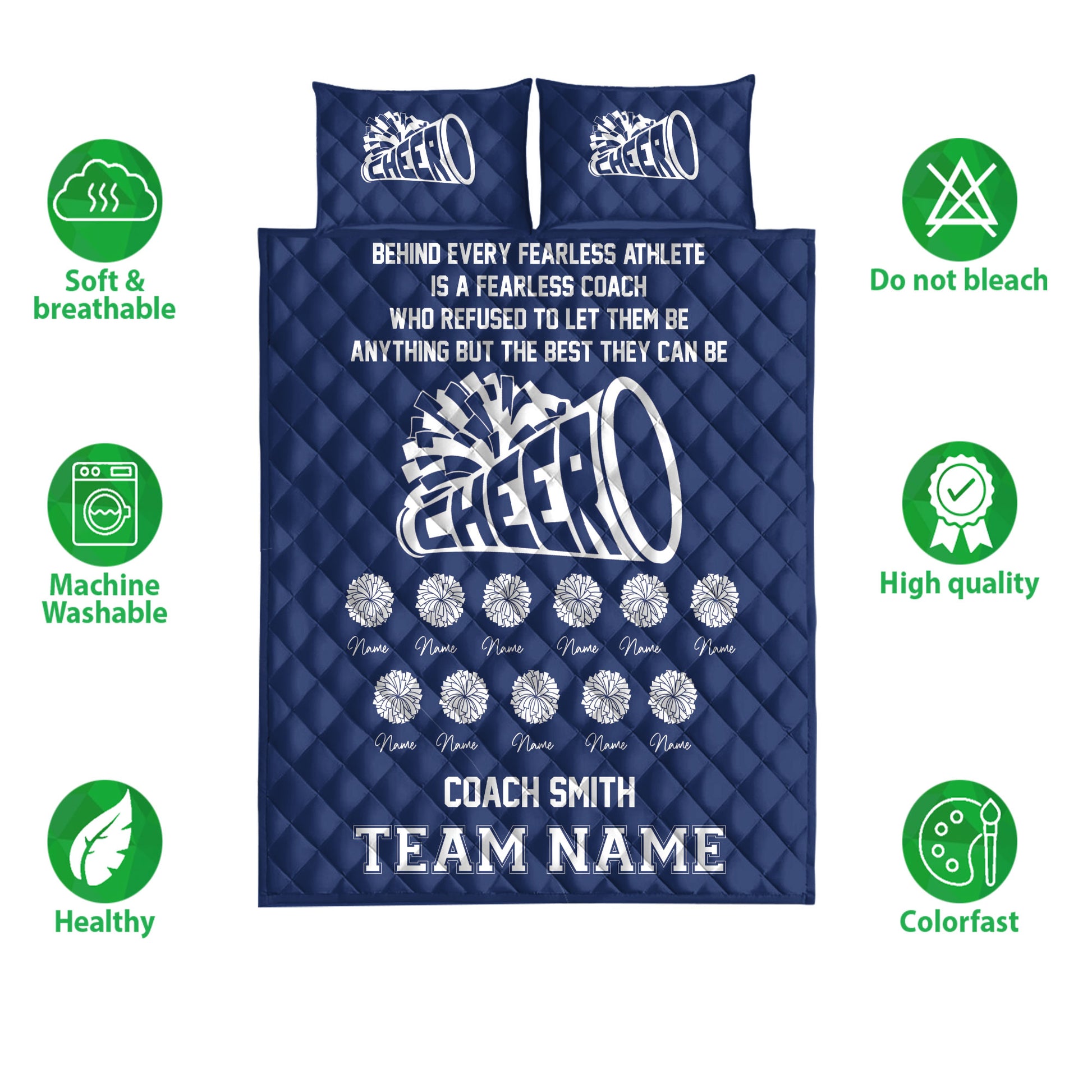 Navy cheerleading quilt bedding set shown with soft breathable and colorfast feature icons