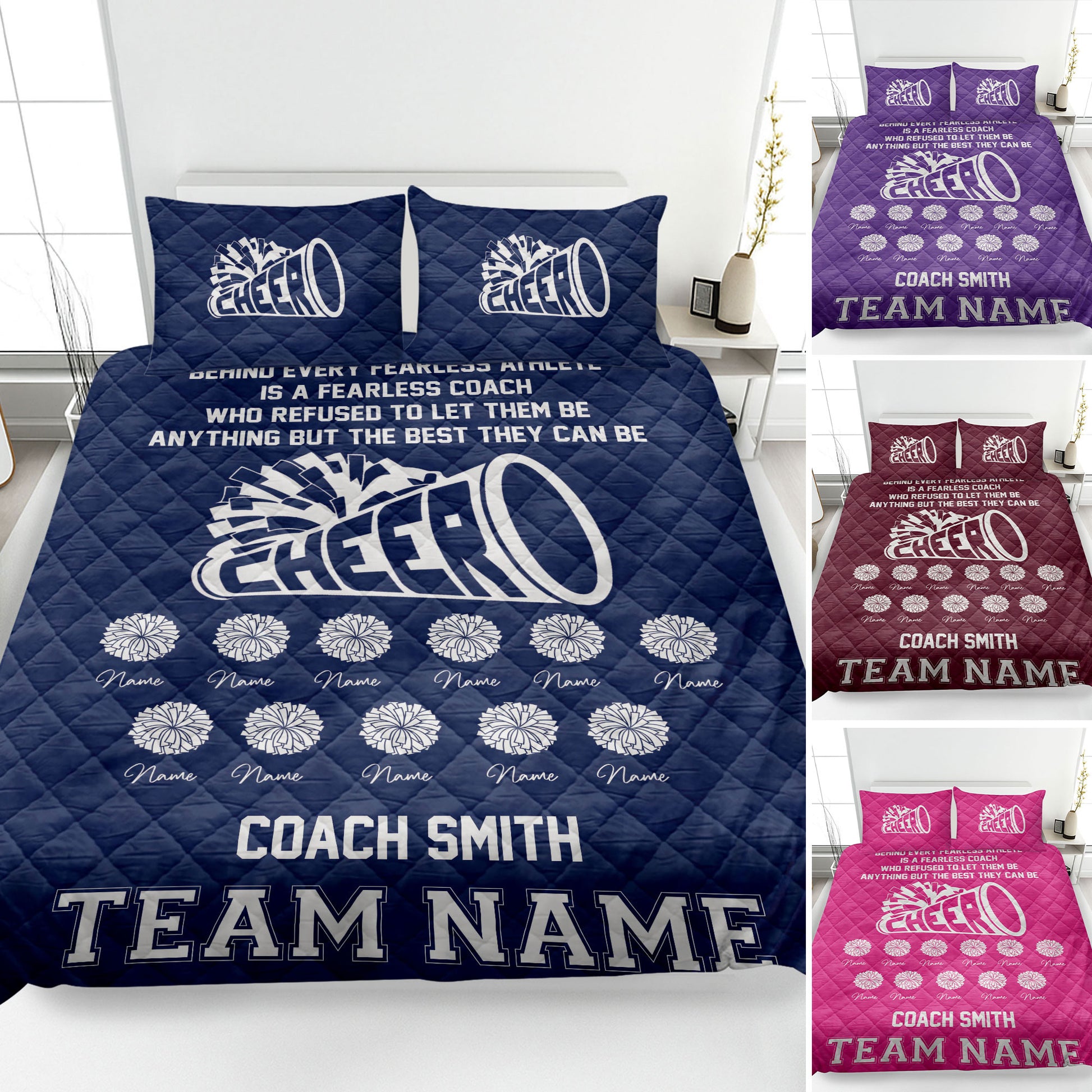 Navy cheerleading quilt blanket displayed on a bed with megaphone, pom-pom, and team artwork