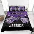 Purple and black cheerleading quilt blanket with pom-poms, stars, and bold cheer squad bedroom artwork