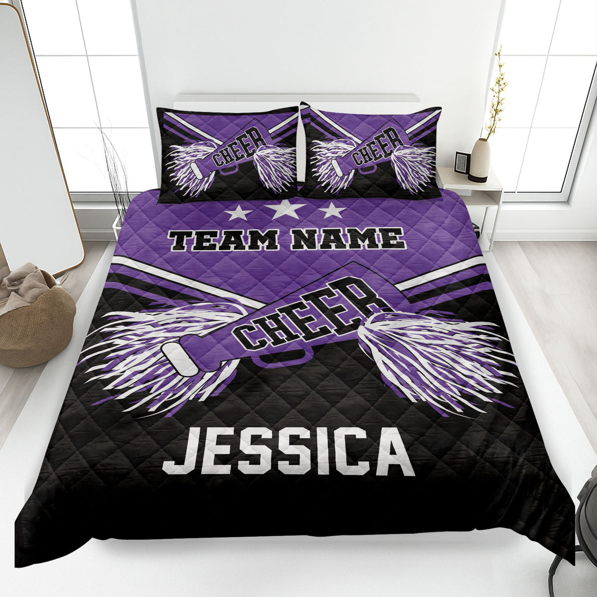 Purple and black cheerleading quilt blanket with pom-poms, stars, and bold cheer squad bedroom artwork