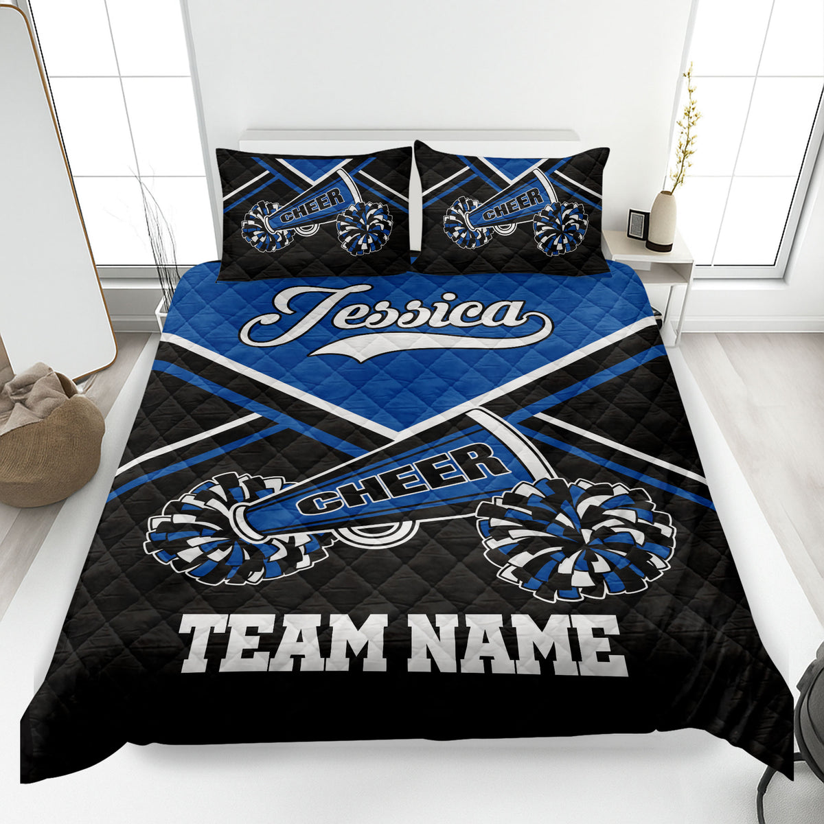 Blue and black cheerleading quilt blanket with pom-poms and bold team-style bedroom design