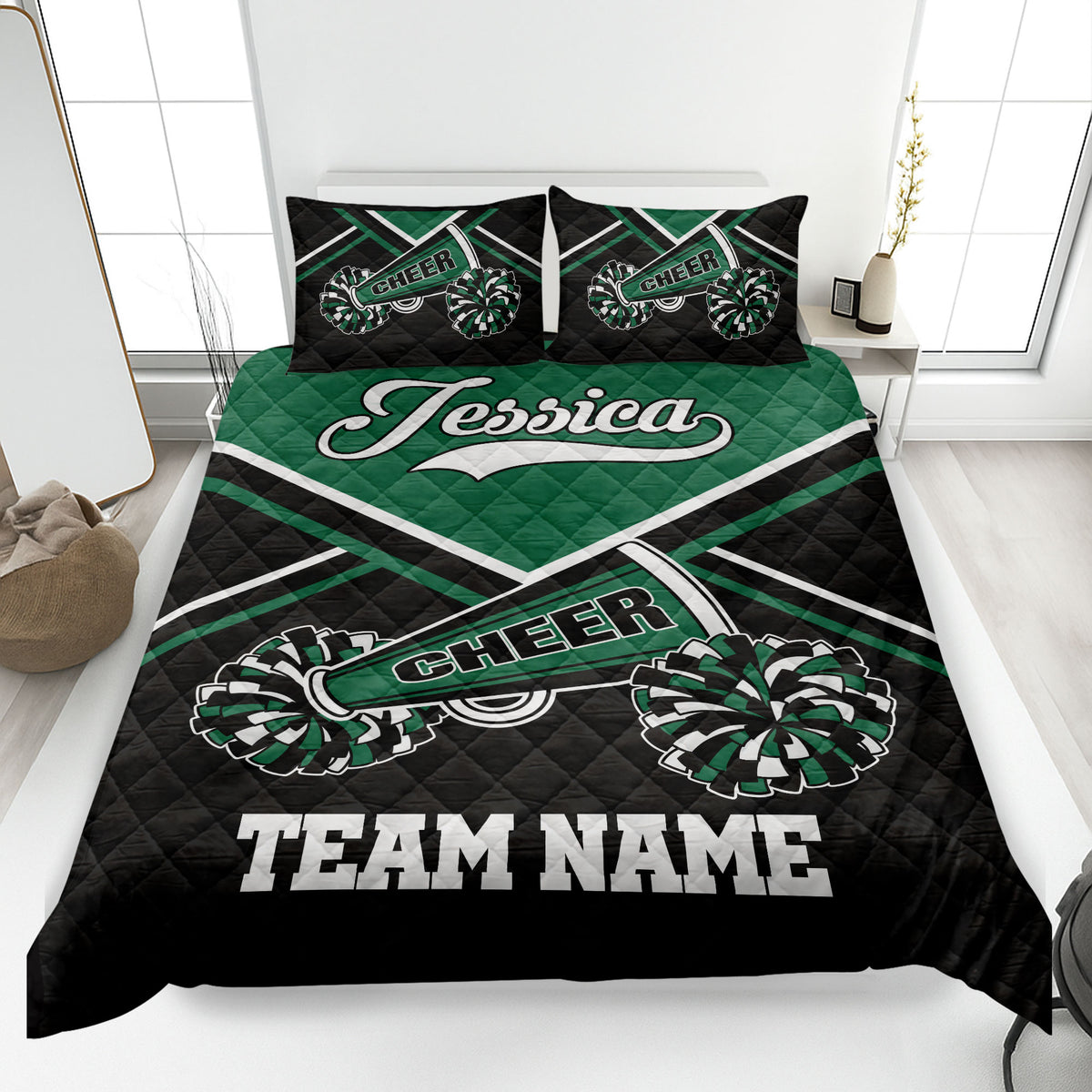 Green and black cheerleading quilt blanket featuring pom-poms and energetic sports artwork