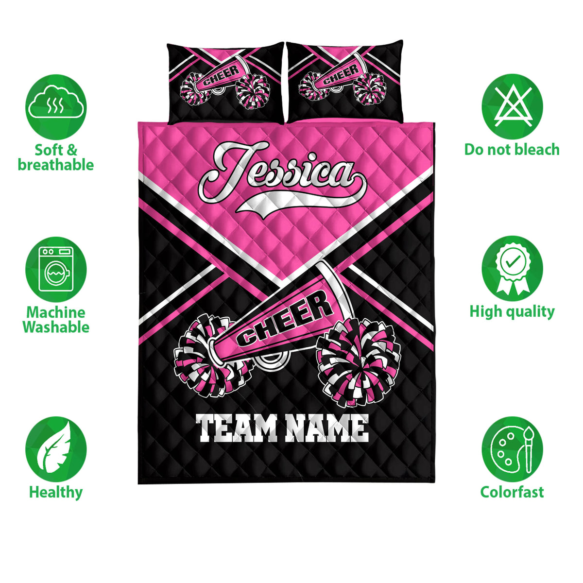 Pink cheerleading quilt bedding set shown with pom-poms, bold graphics, and care feature icons
