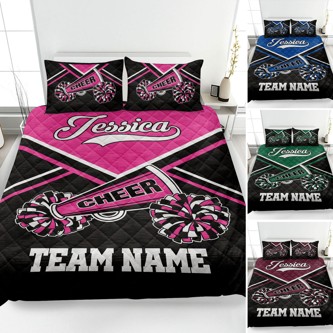 Pink and black cheerleading quilt blanket displayed on a bedroom bed with pom-pom artwork