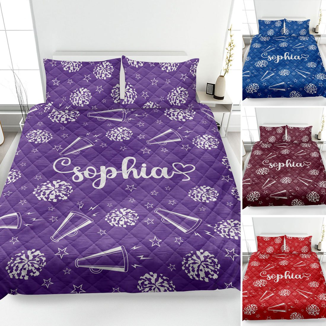 Purple cheerleading quilt blanket on a bed with pom-poms, megaphones, stars, and lightning artwork
