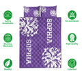 Purple cheerleading quilt bedding set shown with soft breathable and colorfast feature icons