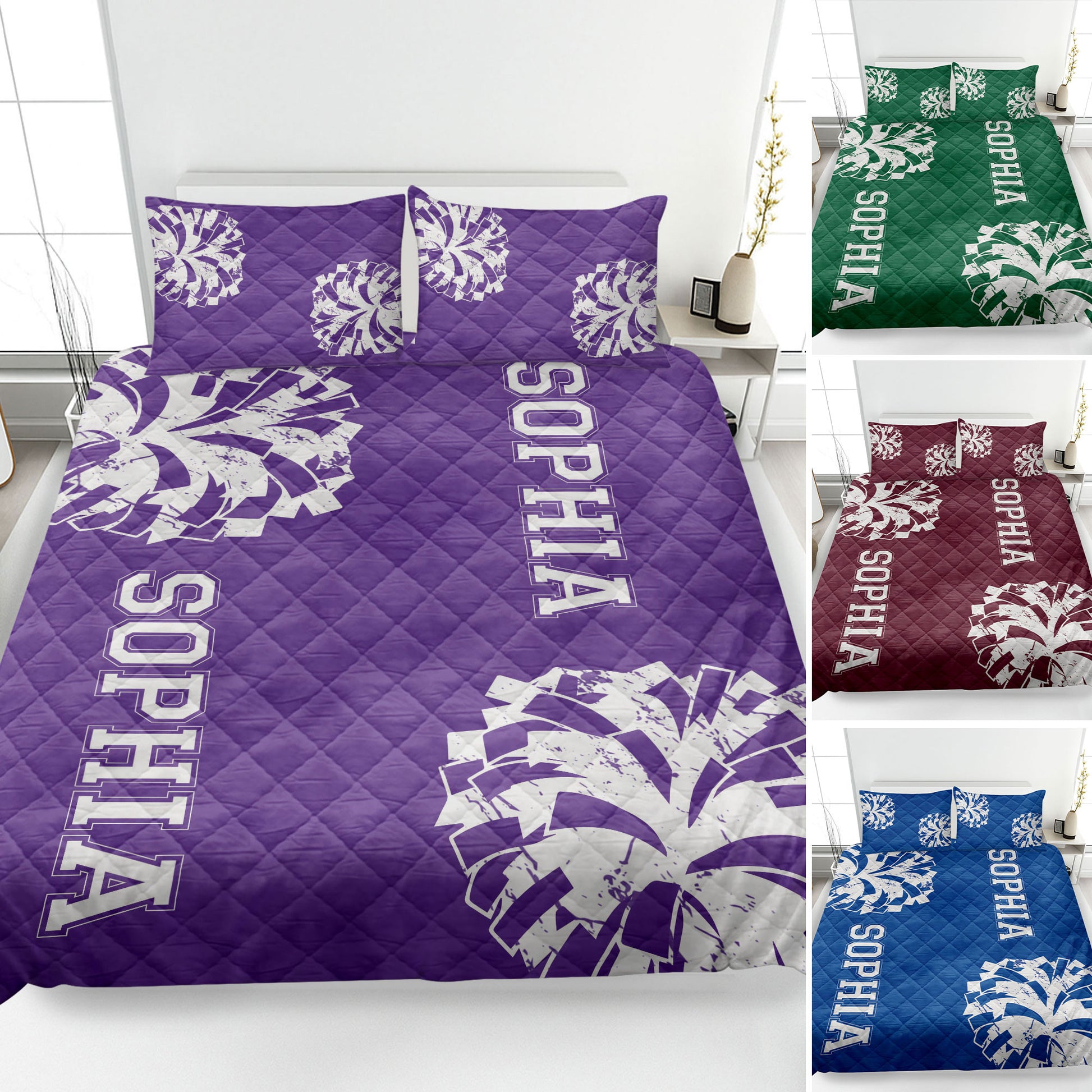 Purple cheerleading quilt blanket on a bed with pom-pom artwork and alternate color previews