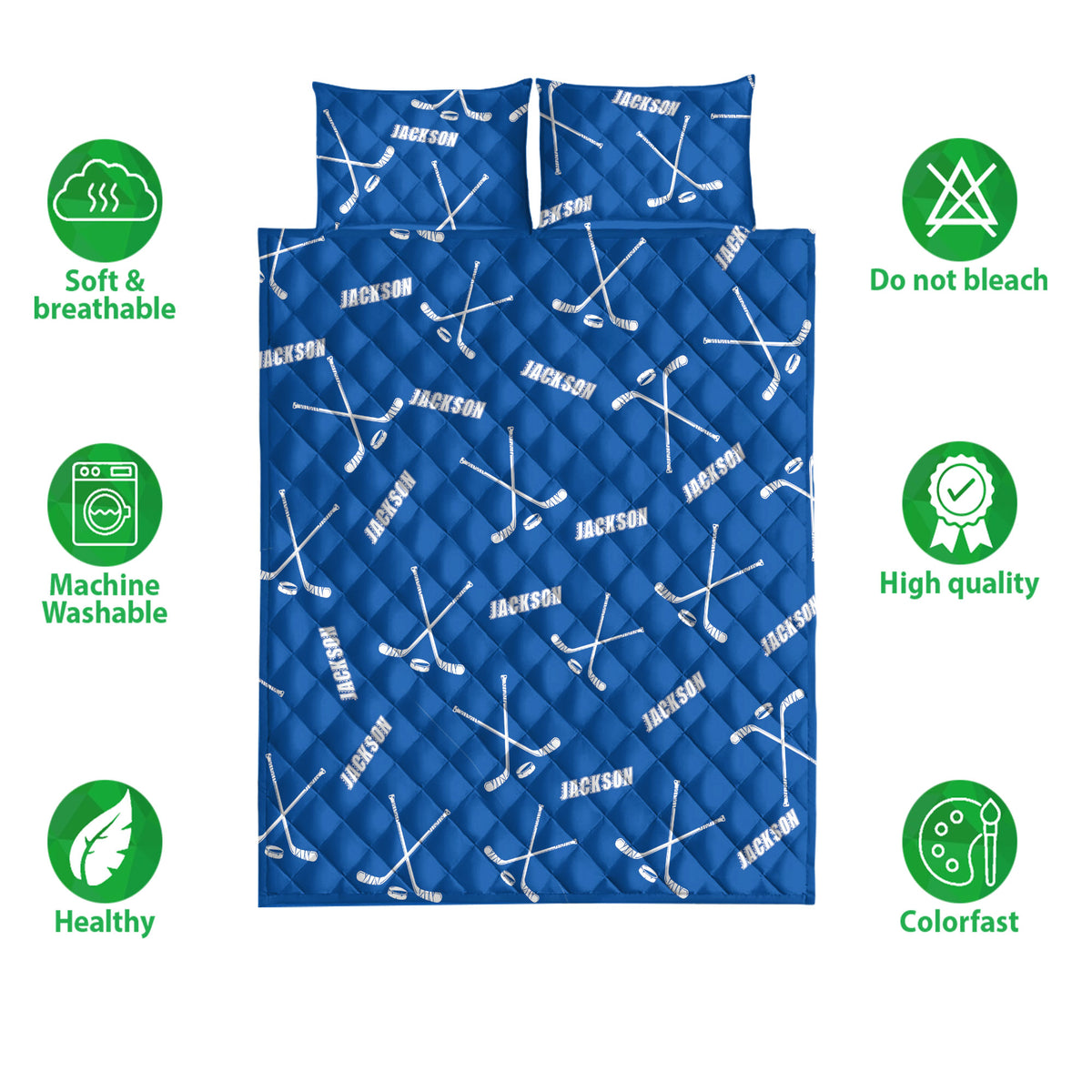 Blue hockey quilt bedding set shown with quilted surface and lifestyle feature icons