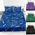 Blue hockey quilt blanket displayed on a bed with hockey sticks, pucks, and repeating custom artwork