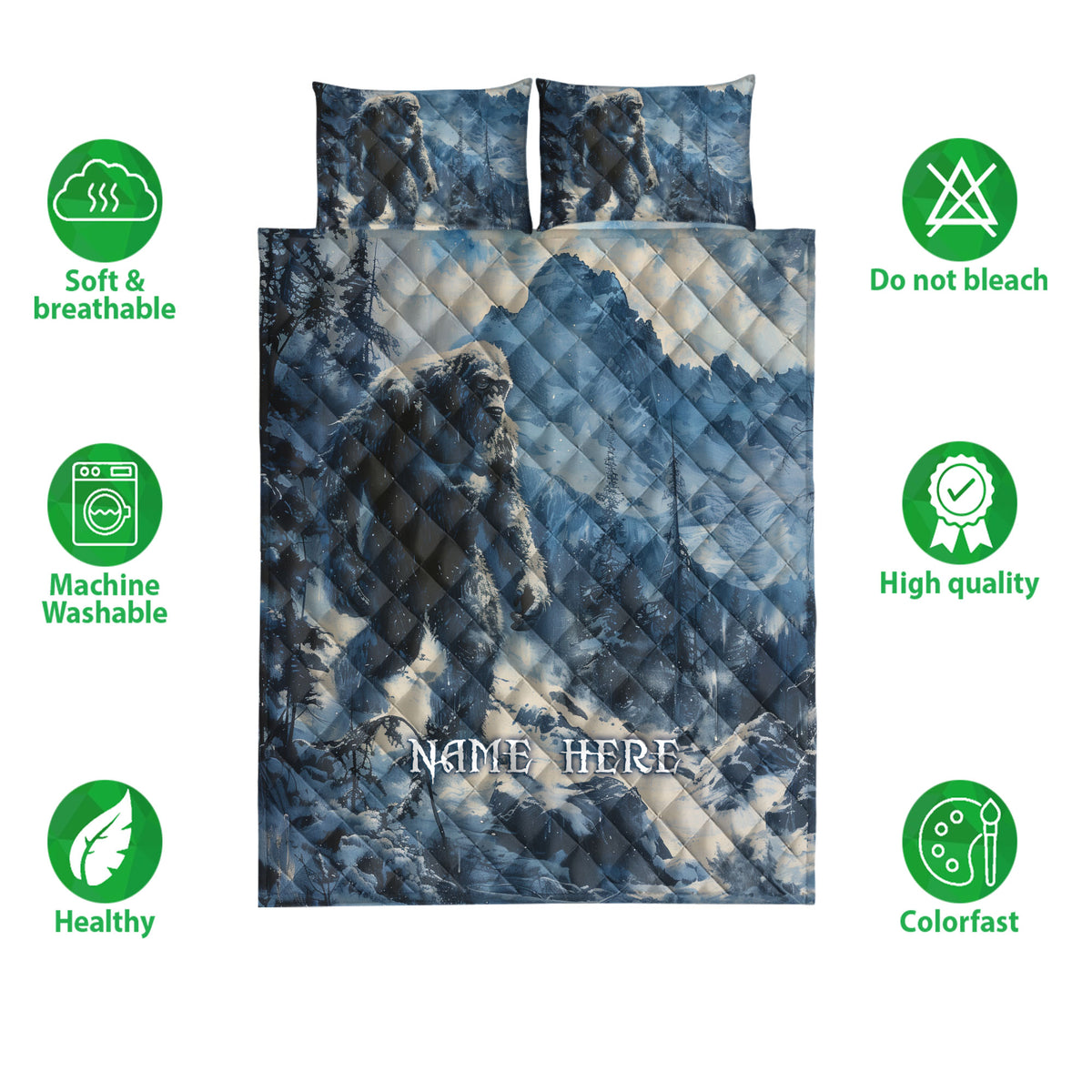 Bigfoot quilt bedding set shown with mountain scenery, forest artwork, and feature icons