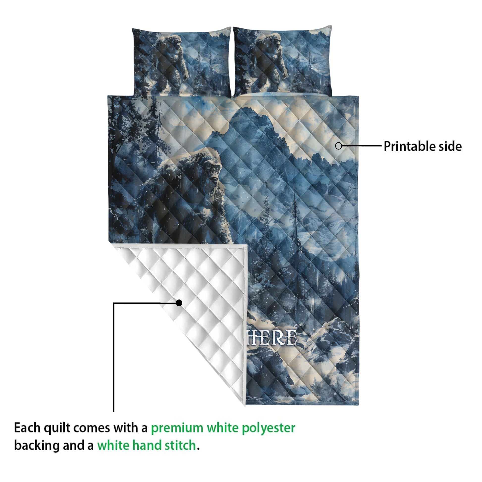 Bigfoot quilt bedding set showing the printed mountain design and quilted reverse side