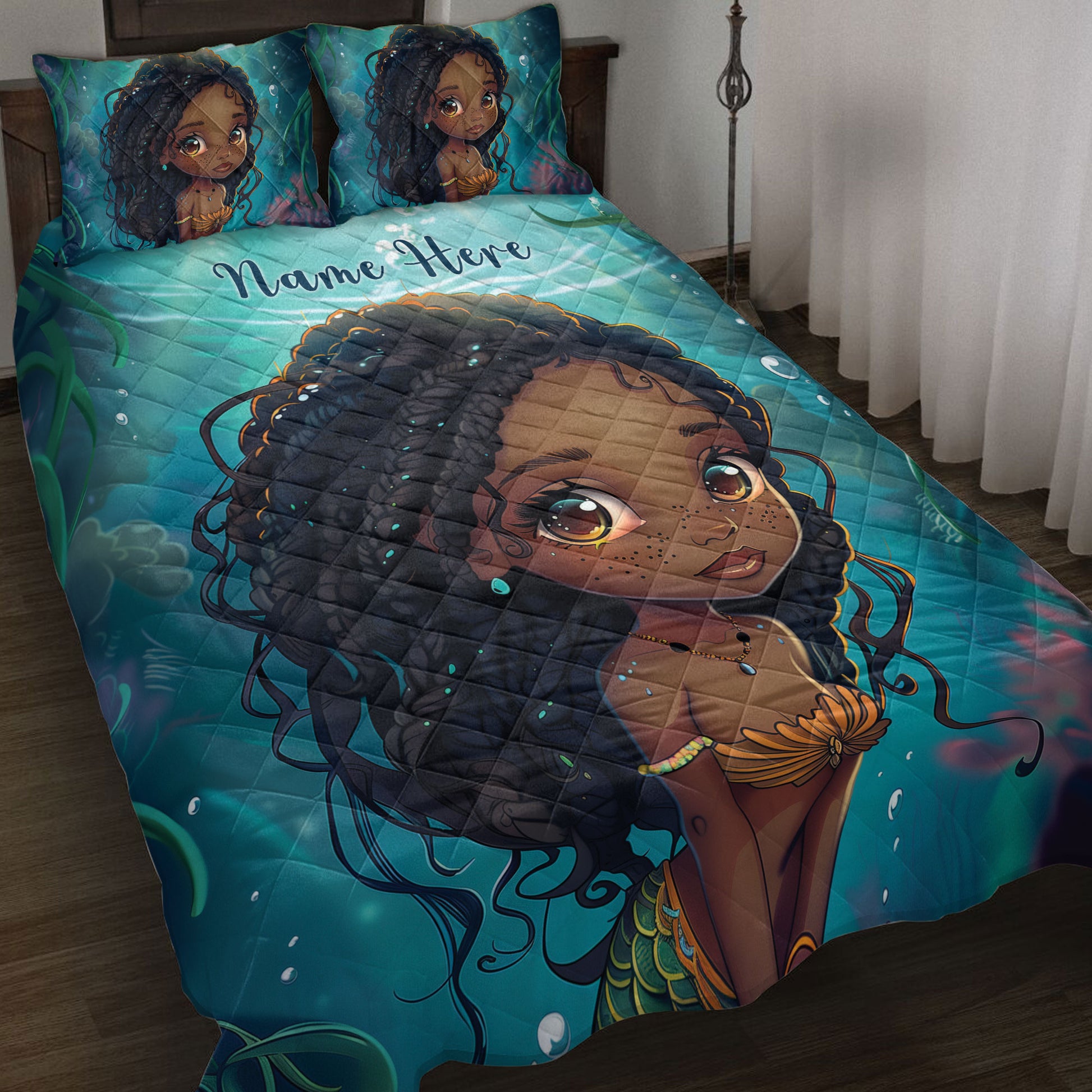 Black African girl quilt blanket displayed on a bed with teal underwater-inspired artwork