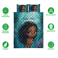 Black African girl quilt bedding set with teal aquatic artwork shown alongside care and quality icons